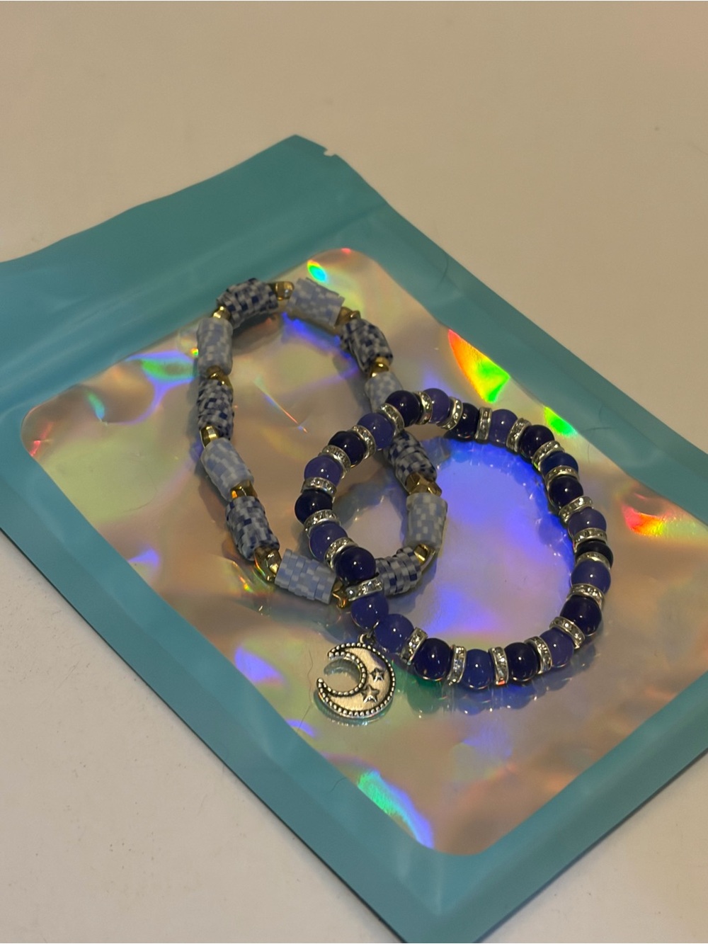 Blue Beaded Stretch Bracelet Set with Crescent Moon Charm